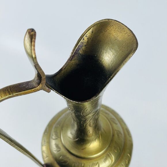 Vintage Etched Brass Ewer Urn Vase Pitcher Jug Cobra Handle Ornate 12in - Picture 8 of 8